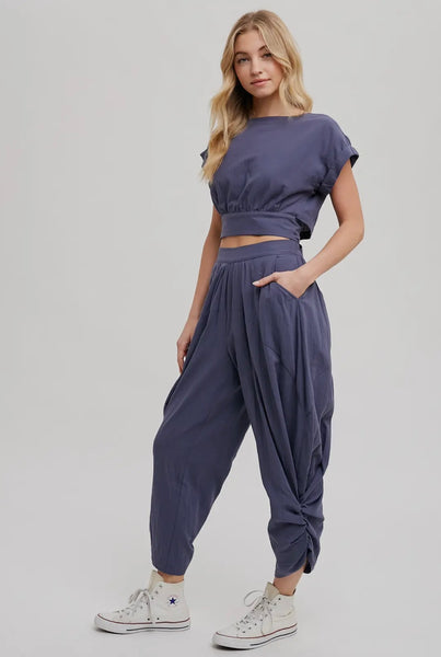 Cropped Ribbon Tie-Back Top and High-Waist Harem Pants