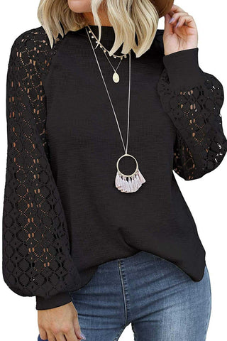 Womens Hollow Out Lace Long Sleeve Loose Blouses