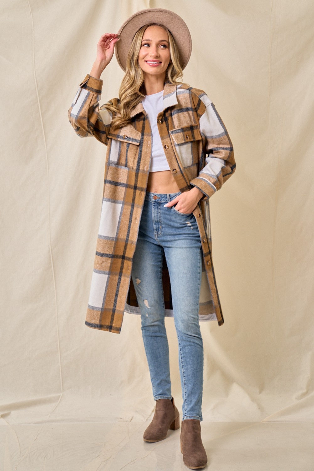 Tan Brushed Plaid Button Shacket