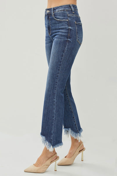 HIGH RISE FRAY HEM ANKLE BOOTCUT JEANS