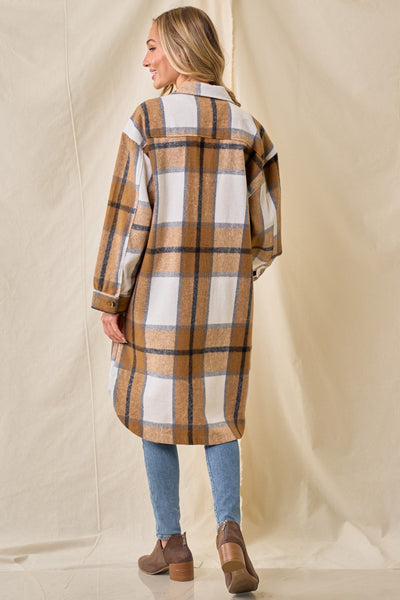 Tan Brushed Plaid Button Shacket