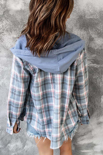 Womens Long Sleeve Drawstring Plaid Hoodie Jacket