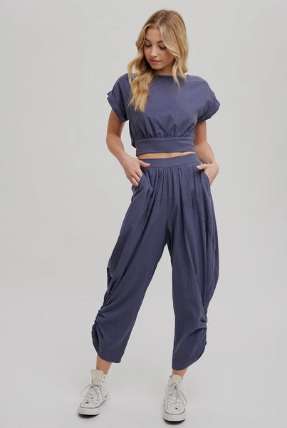 Cropped Ribbon Tie-Back Top and High-Waist Harem Pants