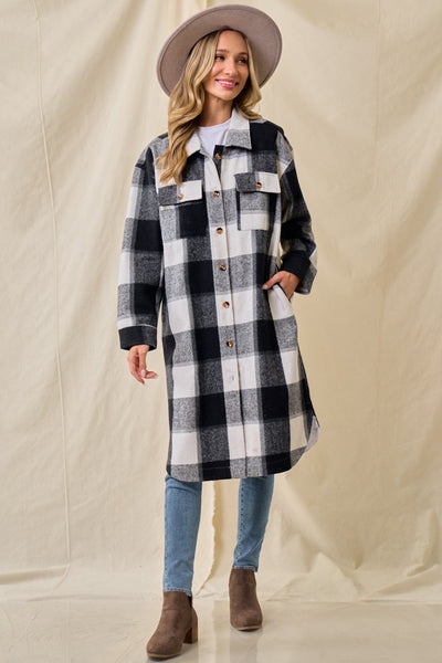 Black Brushed Flannel Plaid Button Shacket