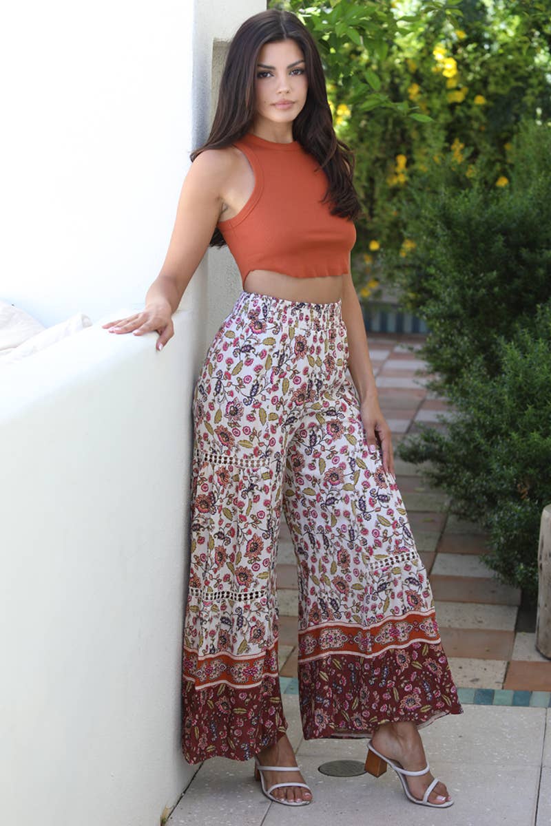 PRINTED WIDE LEG FLARE PANTS WITH LACE INSERTS