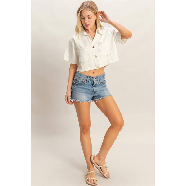 Denim Collared Short Sleeve Top