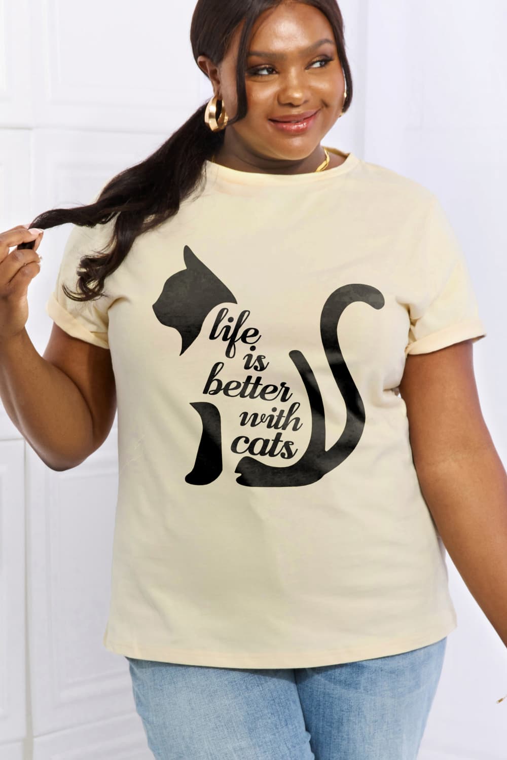 Simply Love Full Size LIFE IS BETTER WITH CATS Graphic Cotton Tee