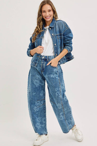 Floral Print Denim Barrel Jeans