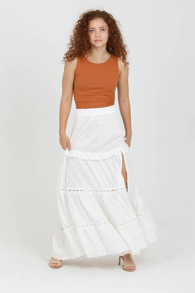 Tiered Maxi Skirt with Lace Trim and Slit