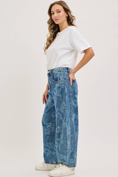 Floral Print Denim Barrel Jeans