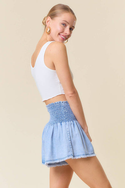 TENCEL DENIM SMOCKED WAIST WIDE LEG SHORT