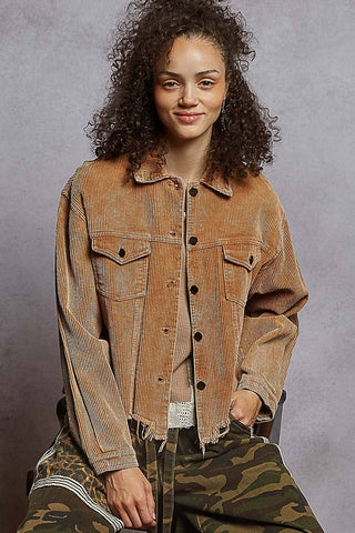 Pocket front button down distressed hem corduroy jacket