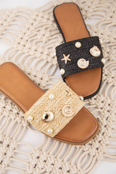 Coastal Charm Raffia Slide Sandals with Gold