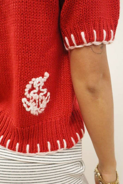 Anchor Embroidered Contrast Trim Knit Cardigan