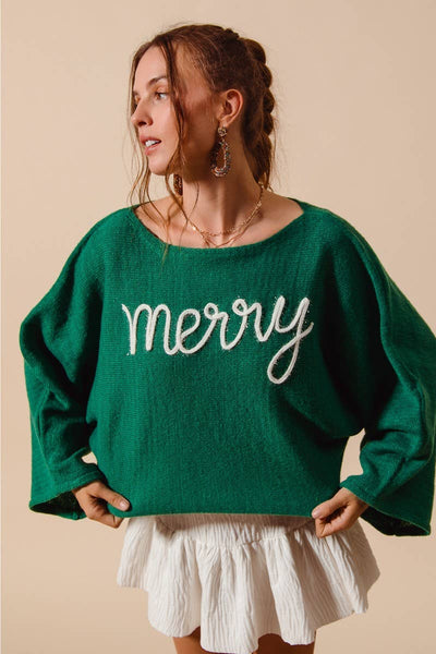 Merry Tinsel Lettering Christmas Sweater Top