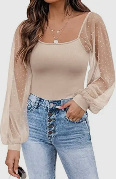 Puffy Sheer Sleeves Square Neck Long Sleeves Top