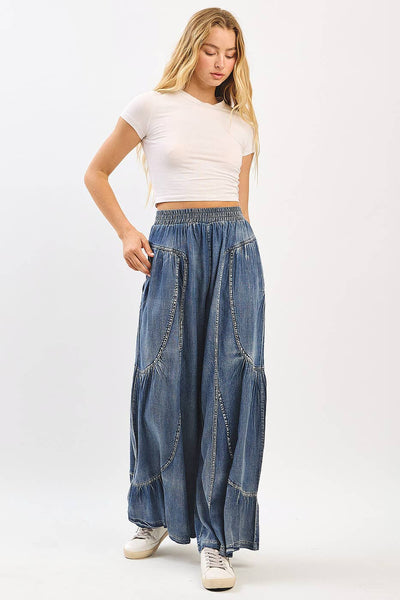 WASHED CHAMBRAY TIER DETAIL WIDE LEG PANTS