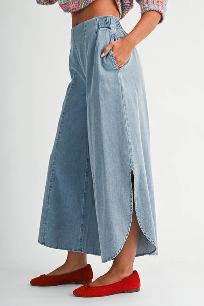 Denim Wash Wide Leg Midi Pants