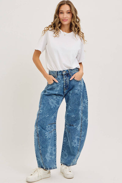 Floral Print Denim Barrel Jeans