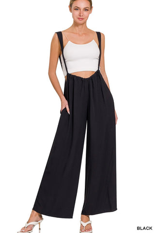 WOVEN TIE BACK SUSPENDER JUMPSUIT WITH POCKETS