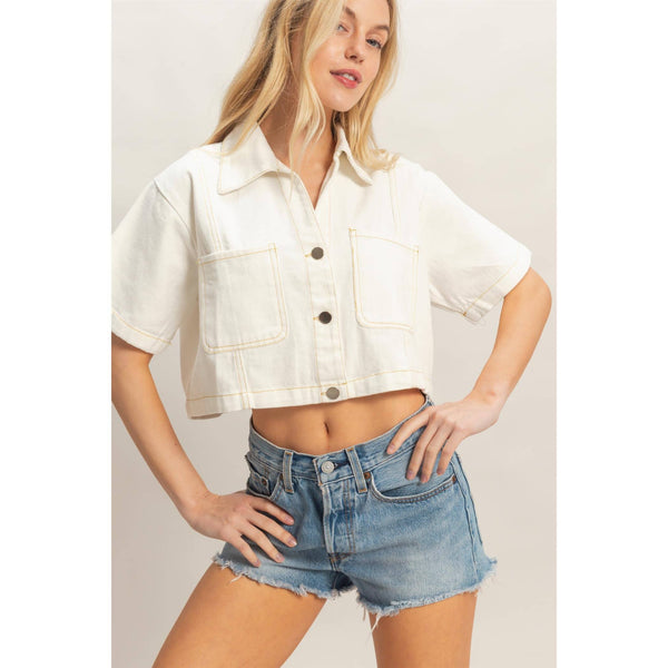 Denim Collared Short Sleeve Top