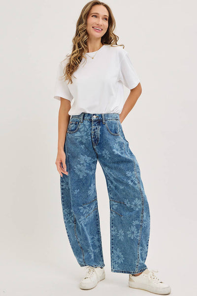Floral Print Denim Barrel Jeans