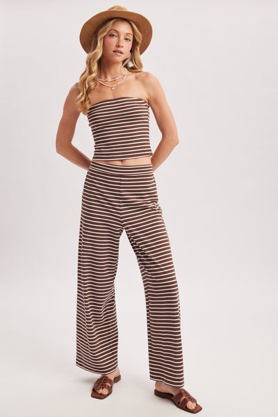 Striped Knit Tube Top And Wide Pants Set