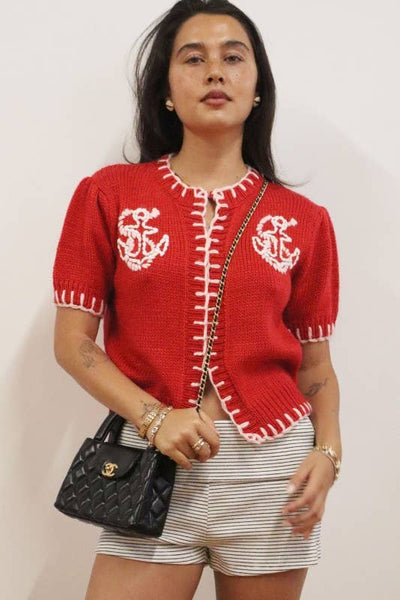 Anchor Embroidered Contrast Trim Knit Cardigan