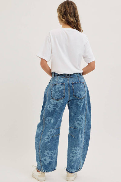 Floral Print Denim Barrel Jeans