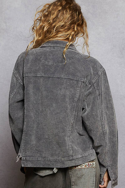 Pocket front button down distressed hem corduroy jacket