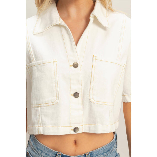 Denim Collared Short Sleeve Top