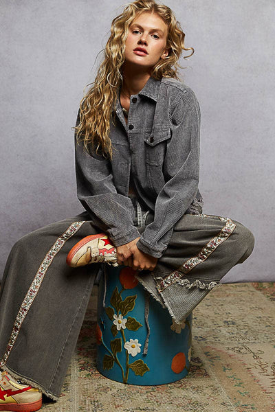 Pocket front button down distressed hem corduroy jacket