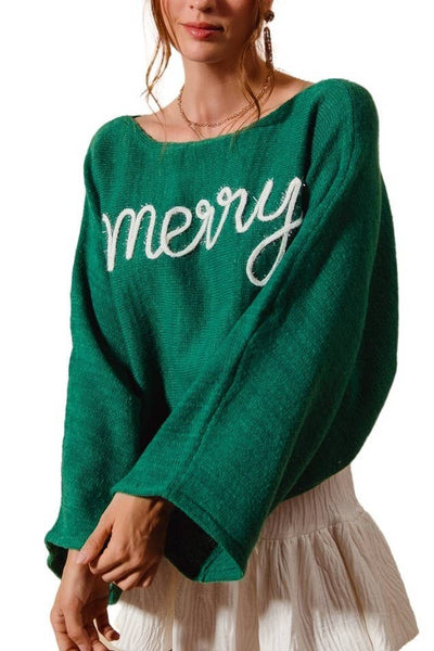 Merry Tinsel Lettering Christmas Sweater Top
