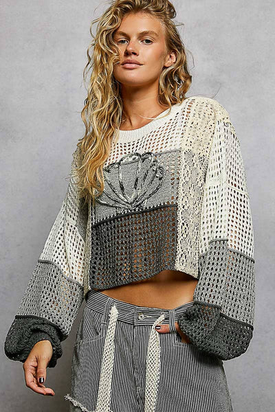 Shell Patch Stripe Weave Thin Sweater Cropped Top
