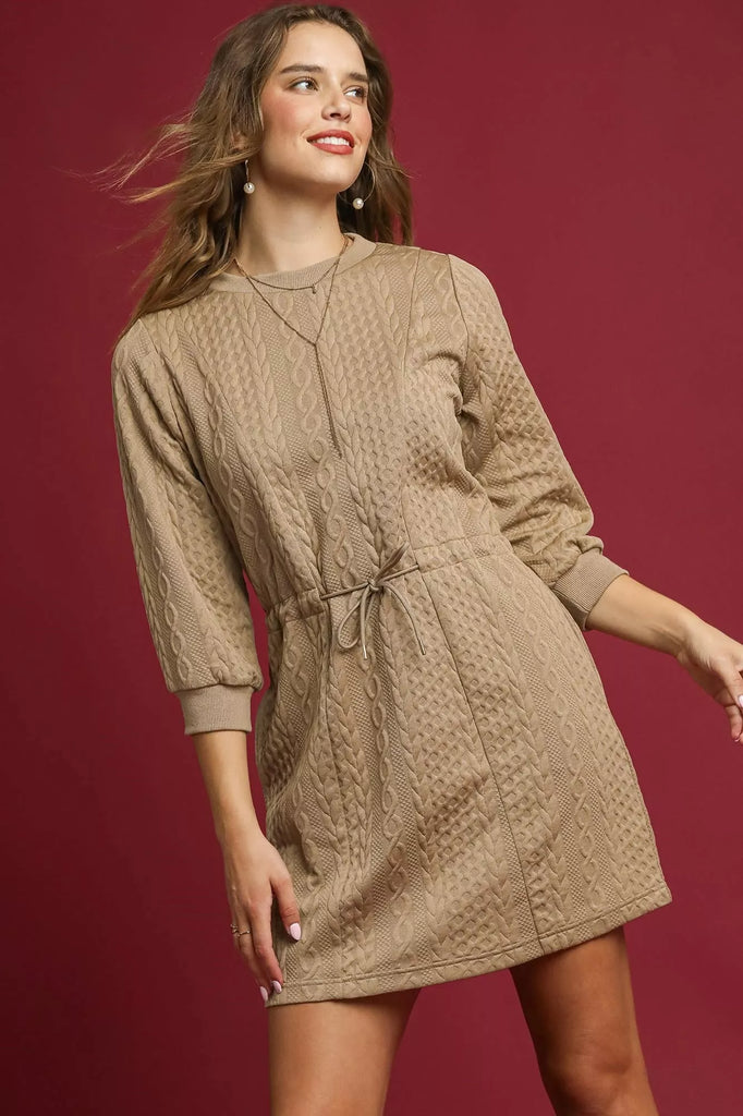 Umgee Drawstring Cable Knit Mini Dress with Pockets Umgee Drawstring Cable Knit Mini Dress with Pockets