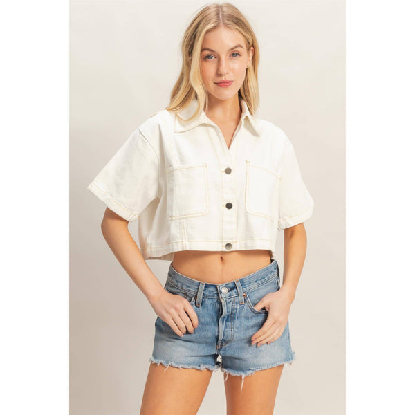 Denim Collared Short Sleeve Top