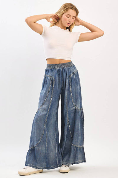 WASHED CHAMBRAY TIER DETAIL WIDE LEG PANTS