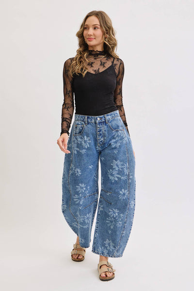Floral Print Denim Barrel Jeans