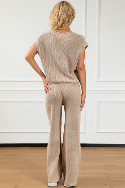 Pocketed V-Neck Top and Wide Leg Sweater Set