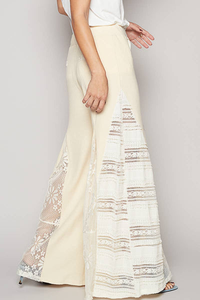 Lace contrast elastic band satin strap solid wide pants