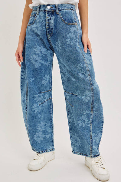 Floral Print Denim Barrel Jeans