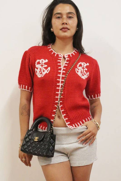 Anchor Embroidered Contrast Trim Knit Cardigan