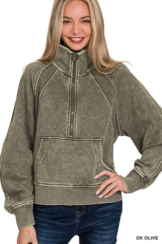 Acid Washed Half Zip Fleece Pullover Kangaroo Pocket