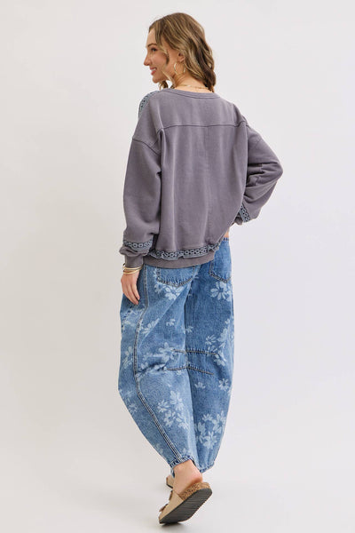 Floral Print Denim Barrel Jeans