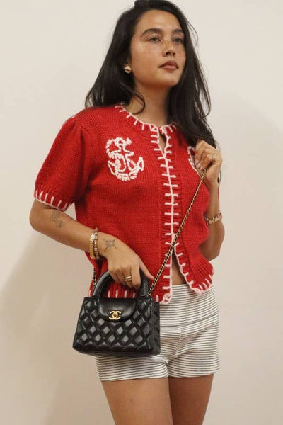 Anchor Embroidered Contrast Trim Knit Cardigan