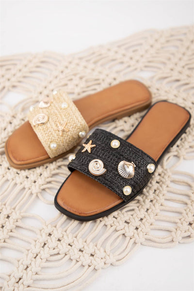 Coastal Charm Raffia Slide Sandals with Gold