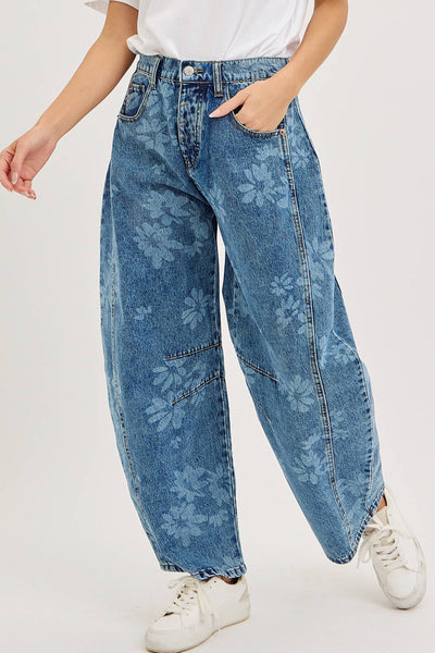 Floral Print Denim Barrel Jeans