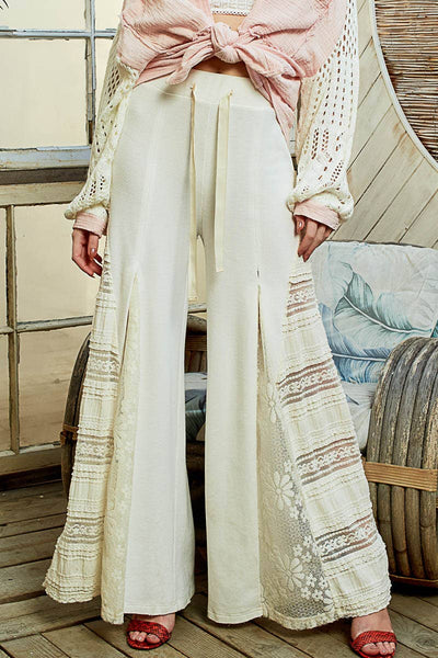 Lace contrast elastic band satin strap solid wide pants