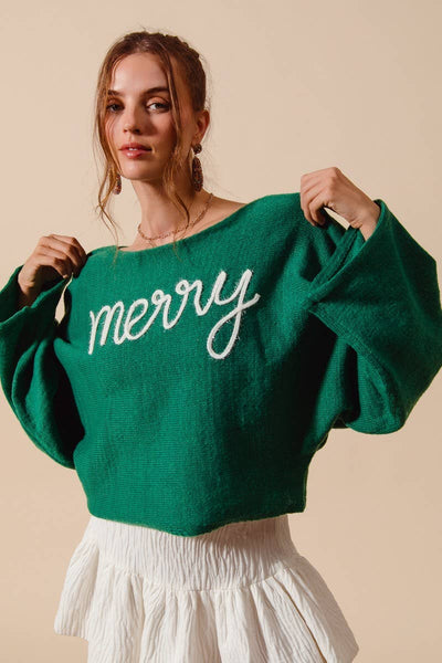 Merry Tinsel Lettering Christmas Sweater Top