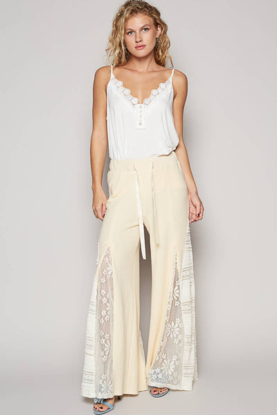 Lace contrast elastic band satin strap solid wide pants